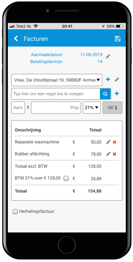 Facturen interface Servicemonteur