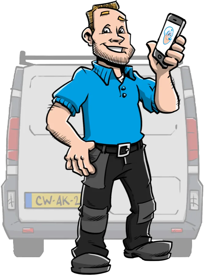 Vakman met telefoon en busje