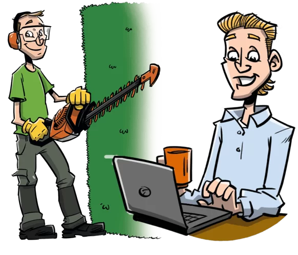 Hoveniers bij elkaar met telefoon en bladblazer 